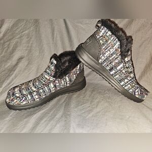 Hey Dude Women’s Multicolor Tweed Slip-On Ankle Booties with Black Fur Trim